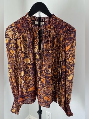 Ulla Johnson Ida Blouse in Burt Orange navy & gold.